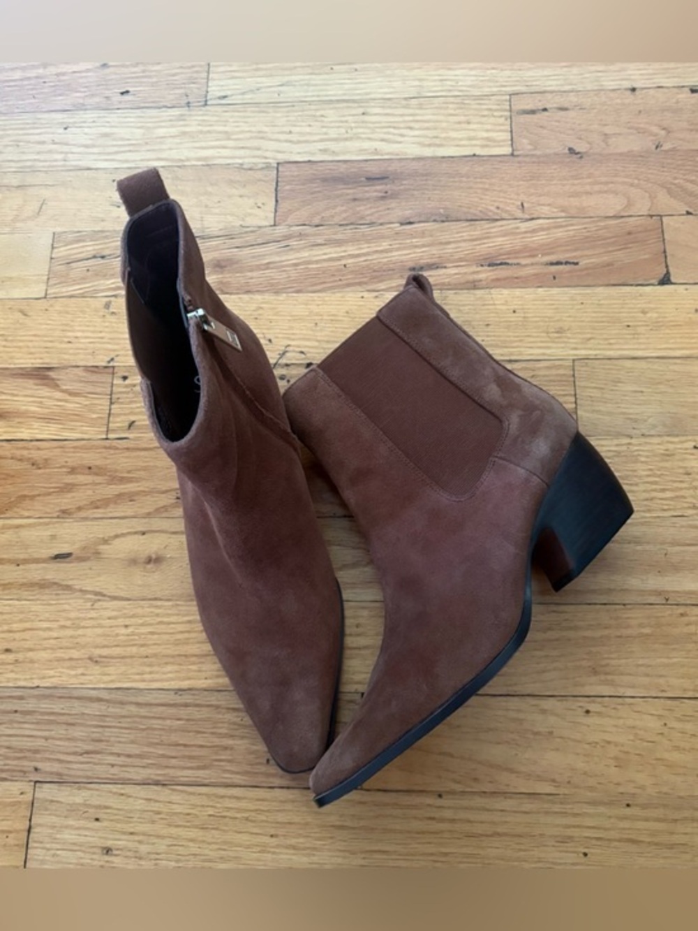 Franco Sarto Brown Suede Ankle Booties Block Heel Chelsea Style Size 9